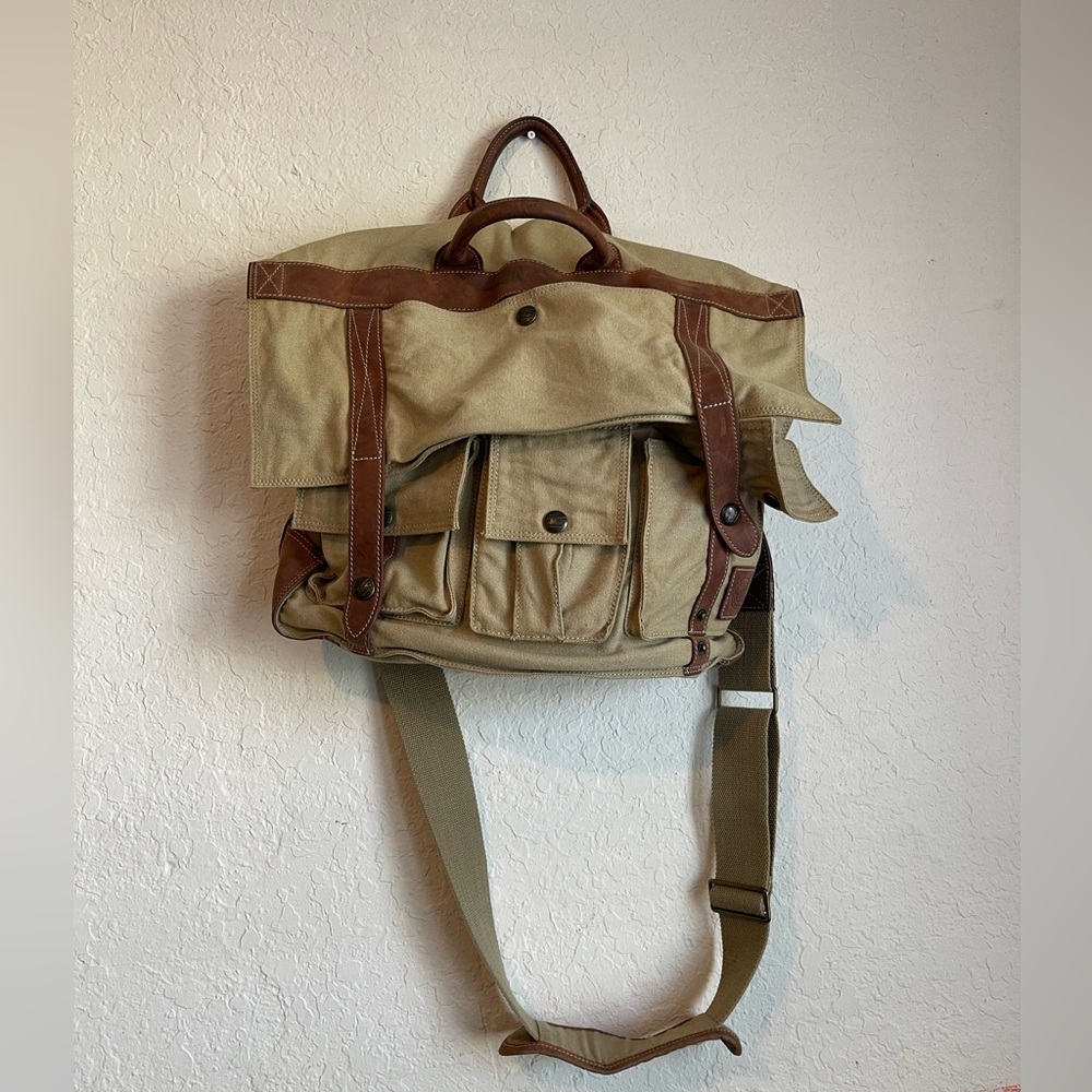 Vintage J.L. Powell Canvas Leather Airplane Messenger Correspondents Bag